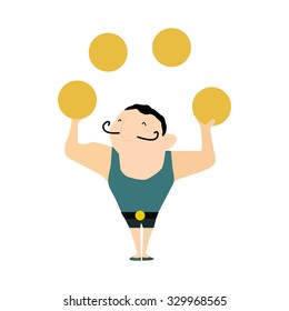 strong man with a mustache and orange balls
