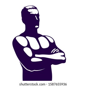 Strong man perfect silhouette with hands crossed on a chest vector logo or icon.