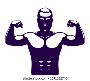 Strong man perfect silhouette showing hands with muscles vector logo or icon.