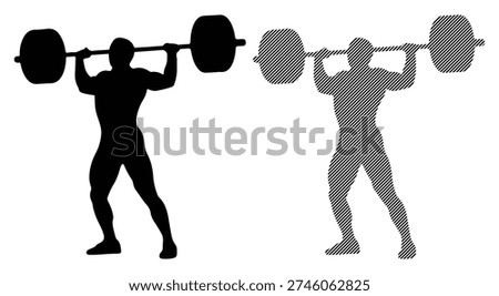 Strong man performing overhead lift, bodybuilding workout icon, powerlifting strength