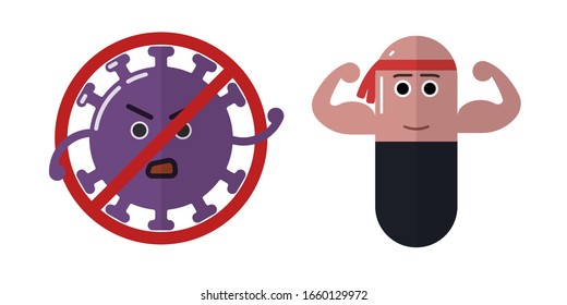 strong man pill on a white background with a red bandage on his head. Strong medicine. Antibiotic. Virus protection. Human health. Medical product. Coronavirus. Green dangerous virus. Wicked and kind