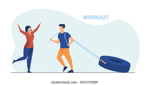 Strong man pulling big tire and woman greeting him. Sportsman, rope, muscle flat vector illustration. Workout and training concept for banner, website design or landing web page