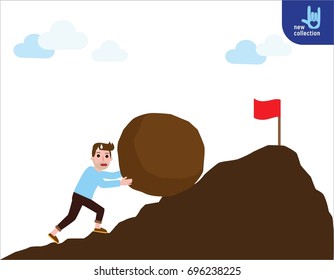 A strong man pushing a big rock up the hill to reach the goal on top.
Hard work. challenge. mission. and accomplishment concept.
Vector flat cartoon character icon design illustration.