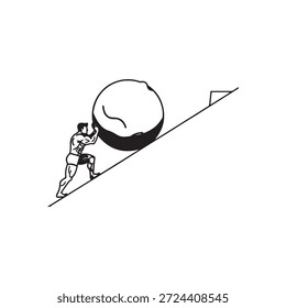 Hombre fuerte que empuja la roca Grande hasta el diseño plano de la ilustración del Vector del contorno de la colina empinada