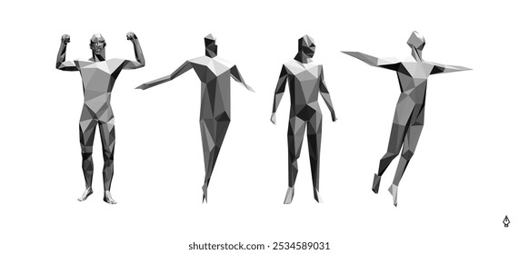 Hombre fuerte levantando las manos. Concepto de liderazgo, libertad o desarrollo. Modelo de cuerpo humano 3D. Diseño para el deporte. El hombre se va volando a su meta. Vector para portada, tarjeta, Anuncio, folleto o presentación