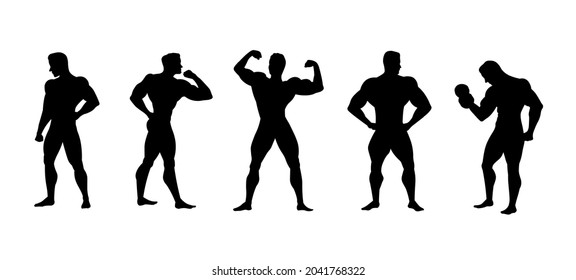 Strong man showing muscles silhouette. Muscular bodybuilder full length body set vector illustration