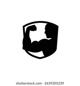 Strong man silhouette in shield logo design.