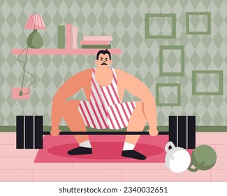 Strong man sit on mat and ready to raise bar. Athlete trains at home lifts weights and barbell. Home workout concept. Flat vector illustration in red and green colors
