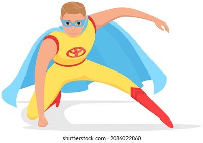 Strong man smiles and flies to save world stretched out his hand. Brave character in superhero costume with cloak on white background. Cartoon person hurries to protects people from villains