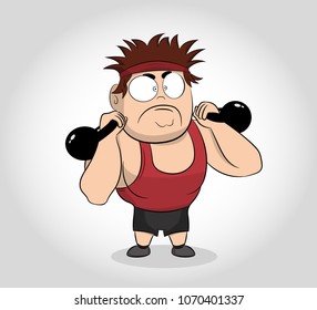 Strong man in sportswear doing workout with kettlebell weight. Cartoon Character Muscle man with Kettlebells. Vector illustration. Male weight lifter with weight. Circus athlete.
