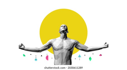 Strong man spreading his arms wide to the side. Victory and freedom. Sport symbol. Leadership or workout bodybuilding concept. Vector illustration.