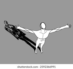 A strong man spreads his arms to the sides. Illustration on the theme of freedom.