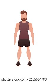 A strong man stands to his full height. Isolated. Cartoon style. Vector illustration