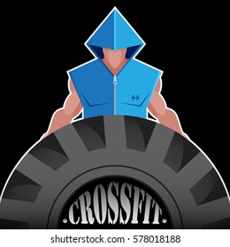 Strong man with a tire on a black background. High-intensity interval training. Crossfit.