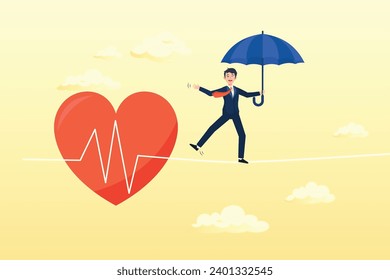 Strong man with umbrella protection walk on risky heart pulse rate as rope walking, health insurance, medical risk or healthcare protection, patient security or disease and illness care (Vector)