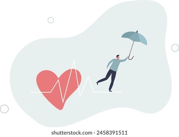 strong man with umbrella protection walk on risky heart pulse rate as rope walking.flat vector illustration.