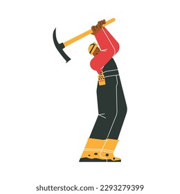 Strong man using pickaxe for minerals extraction, flat vector illustration isolated on white background. Mining industry worker in protective helmet. Miner man in uniform.