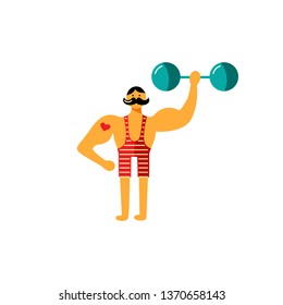 Strong man. Vector illustration isolated on white background. Flat style design element for circus concept, happy father day, sport.