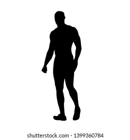 Strong man walking, isolated vector silhouette. Hero with big muscles