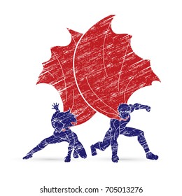 Strong Man and Woman, Couple Superhero landing powerful action designed using grunge brush graphic vector.
