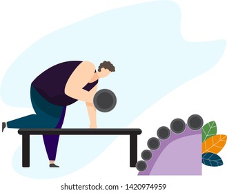 Strong man working out with dumbbells in Fitness Gym. Athletic guy doing exercise with dumbbell in various pose in gym. Vector character design. Health and Medicine concept Vector Illustration.