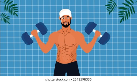 A strong man working out with dumbbells while standing in a blue tiled pool