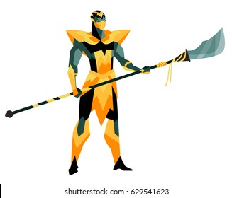 strong masked yellow ninja holding a naginata sword