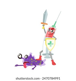Strong medical syringe winner isolated cartoon character with sword and shield fighting virus