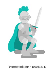 Strong medieval knight keep big sharp sword in fight stand. Metal armor with big cloak. Modern vector style cartoon character illustration flat design icon mascot.