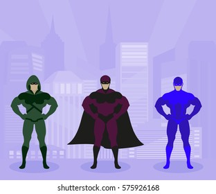 Strong men in costumes protect city vector illustration