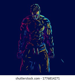 Strong men line pop art potrait logo colorful design with dark background. Abstract vector illustration. Isolated black background for t-shirt, poster, clothing, merch, apparel, badge design