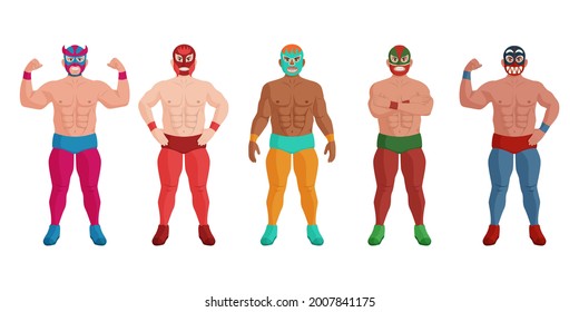 Fuerte luchador mexicano con diferentes mascarillas de pie en fila. Deportista de poder, guerrero muscular, poderoso campeón usando disfraz que muestra la ilustración del vector de fuerza aislado en fondo blanco