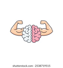 Mente fuerte, cerebro poderoso. Los brazos musculares simbolizan la fuerza mental y el poder cognitivo.  La Imagen representa la inteligencia y la capacidad.