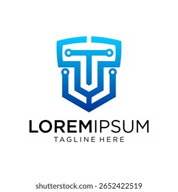 Uma letra forte e moderna T dentro de um escudo perfeito para segurança cibernética, start-ups tecnológicas ou empresas relacionadas à defesa