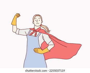 Strong mom hero ready to housework simple korean style illustration 