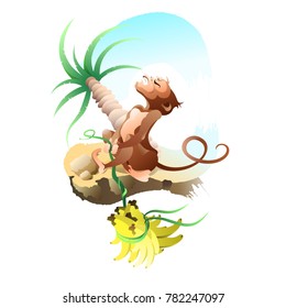 Strong monkey pulls a lot of bananas. Vector Illustration.