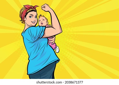 strong mother holding baby actions we can do it we can do it  Pop Art Comic Style