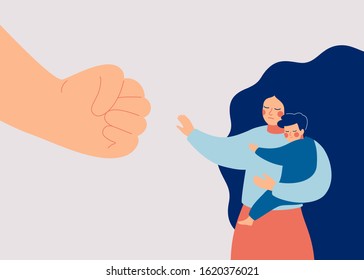 Strong mother protects her child from danger. Stop violence against children. A big fist threatens a woman and her baby. Vector illustration