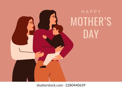 Strong mother surrounded by her children. Young woman holds her son on hands and support her adolescent daughter. Brave Single female parent with kids. Mothers Day greeting card. Vector illustration