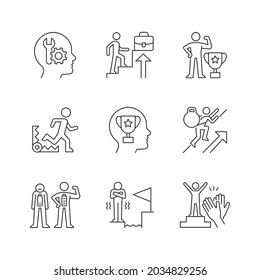 Strong motivation linear icons set. Reach goal. Fear of failure. Desire for recognition and approval. Customizable thin line contour symbols. Isolated vector outline illustrations. Editable stroke