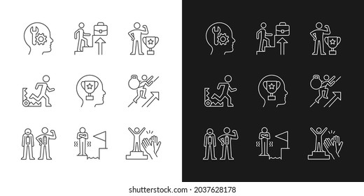 Starke Motivation lineare Symbole für den Dunkel- und Lichtmodus. Sie wünschen Anerkennung und Genehmigung. Anpassbare Thin-Line-Symbole. Einzige Vektorgrafik-Rahmenillustrationen. Bearbeitbarer Hub