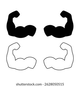 Strong muscle, arm silhouette and outline icon set vector  illustration
