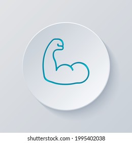 Strong muscle, hand with powerful bicep, simple icon. Cut circle with gray and blue layers. Paper style