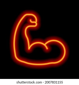 Strong muscle, hand with powerful bicep, simple icon. Orange neon style on black background. Light linear icon with editable stroke