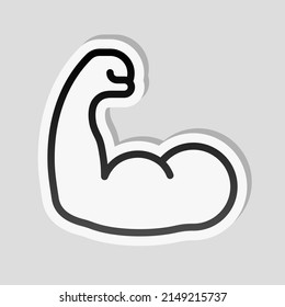 Strong muscle, hand with powerful bicep, simple icon. Linear sticker, white border and simple shadow on gray background