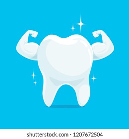 Strong Muscle Healthy Tooth iSolated on Blue Background. Cartoon Character for Dentistry Design Concept Vector Illustration