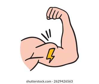 Forte conceito de poder muscular com ícone de relâmpago doodle mão desenhada. colorido desenho linha desenho desenho clipart símbolo. Ilustração vetorial