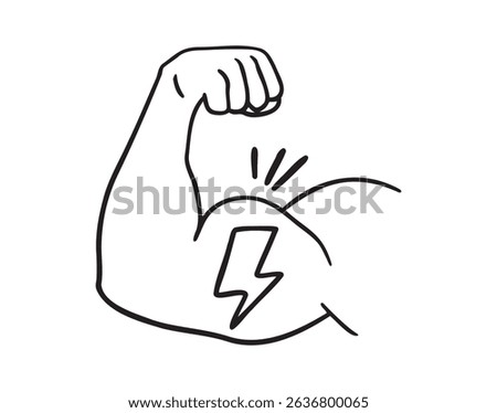 Strong muscle power concept with lightning icon doodle hand drawn. Outline line drawing clipart symbol. Vector illustration