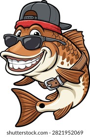 Strong Muscle Red Drum Redfish Powerlifter GYM Mascot Character wearing backward cap sunglasses and a weightlifting Belt Vector Isolated Vector Illustration.


