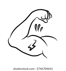 Strong muscle strength concept with hand drawn lightning icon. Skeleton line drawing clip art part symbol.